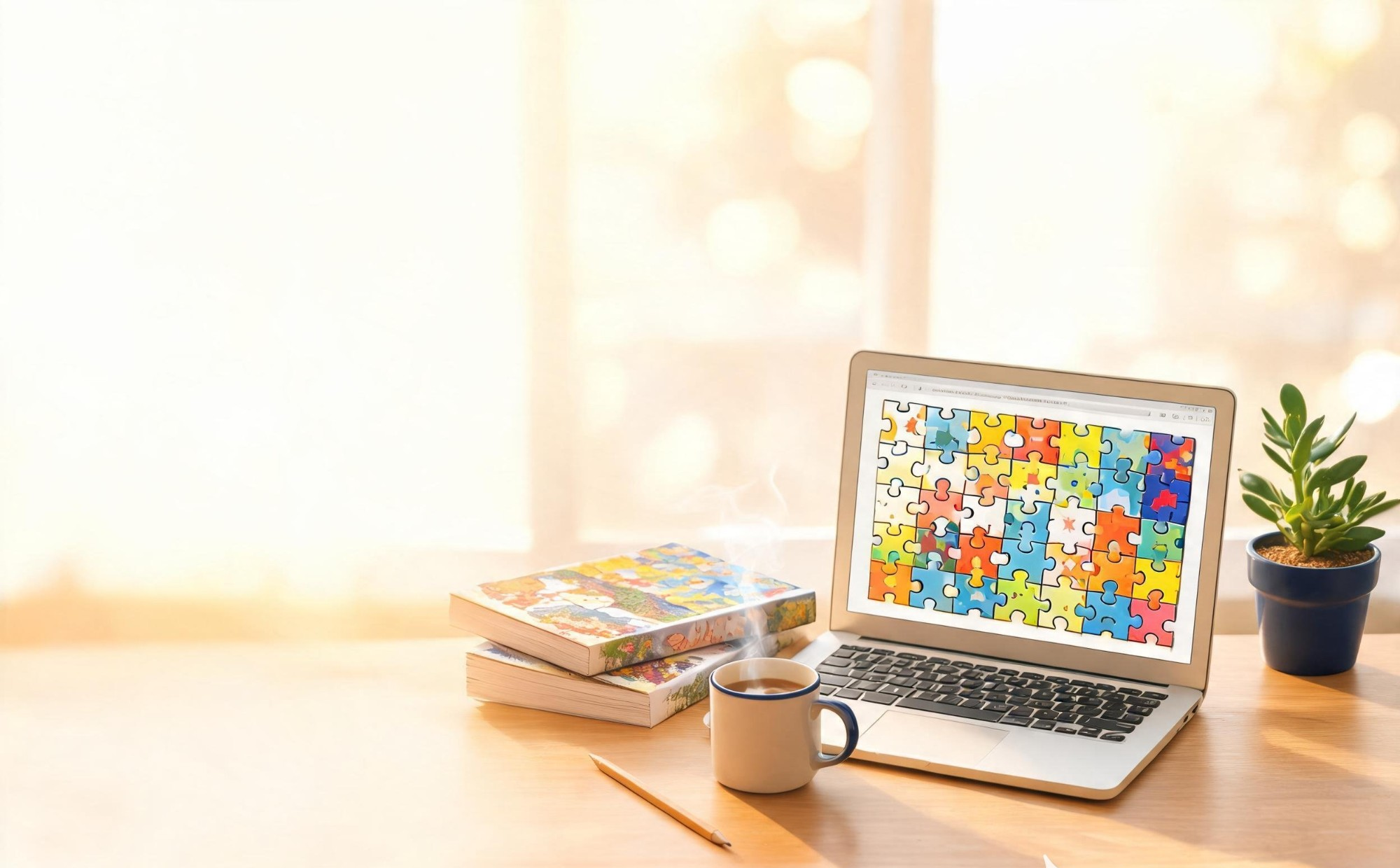 PuzzlePress Studio on a laptop with printed puzzle books